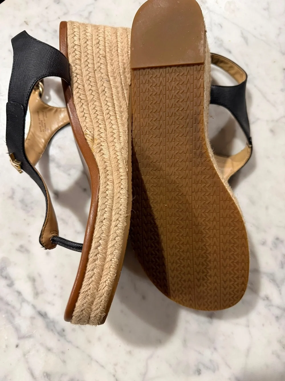 Michael Kors Black and Brown Leather Thong Sandals with Gold MK Accent